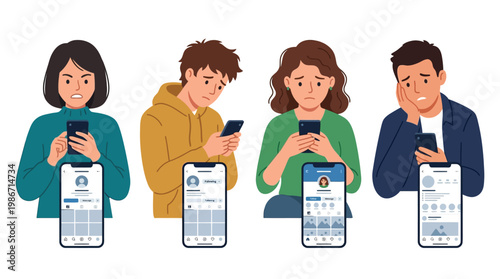 Four individuals showing distress and concern from excessive smartphone and social media use, highlighting the negative emotional impact of digital interaction.