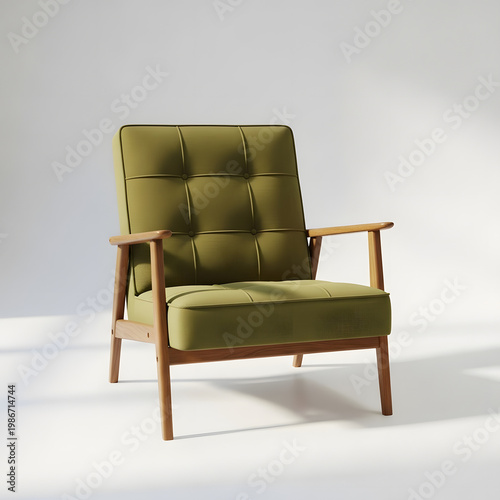 mid century modern armchair with green upholstery isolated on transparent background