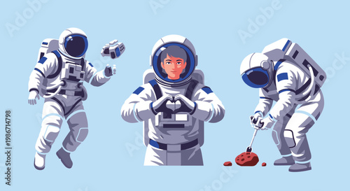 Astronauts Exploring Space and Collecting Samples on Foreign Planet Vector Illustration, Cosmonauts in Suits Performing Science Mission Tasks