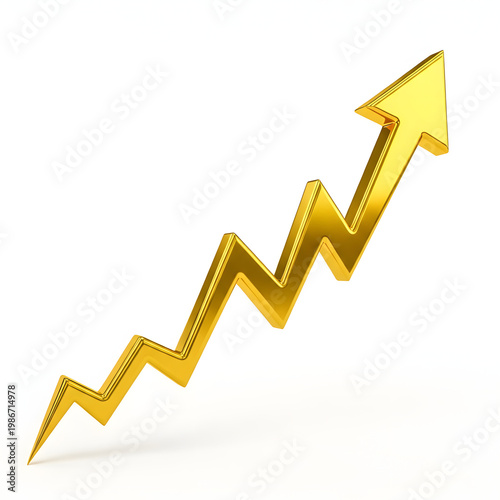 Golden upward trending zigzag arrow graph, symbolizing growth and success, isolated on transparent background