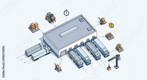 Isometric View of a Logistics Warehouse with Trucks and Forklifts.