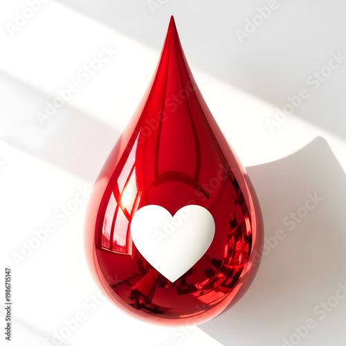 Red blood drop with white heart symbol inside, isolated on transparent background