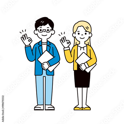 タブレットを持って了解のサインをする、男女のビジネスパーソンの全身ベクターイラスト素材セット