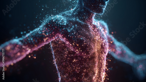 Digital human body immune system defense glowing particle figure medical illustration abstract health immunity protection biotechnology wellness
