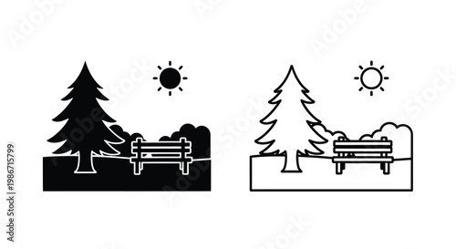 Two black and white park scenes with trees benches and sun icons are shown