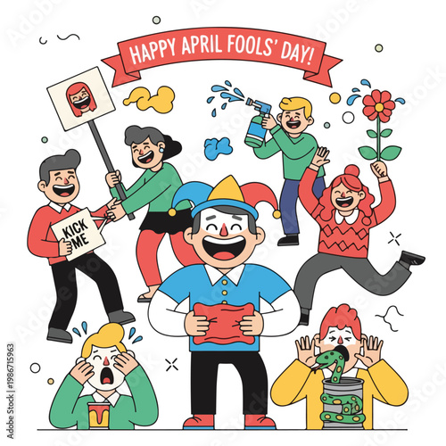 A colorful illustration depicting a joyful April Fools' Day scene
