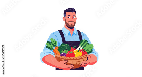 Vector illustration of a smiling fruit vendor character holding a basket full of fresh produce, designed as a cheerful icon against a clean white background, rendered in a bright, cartoon
