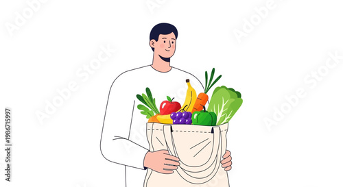Vector illustration of a young man carrying a reusable bag filled with fresh produce, depicted in a flat design style with clean lines and a minimalist aesthetic, against a bright white