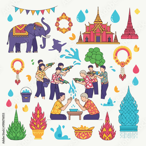 A colorful illustration depicting a Thai water festival celebration