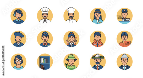 Professional Workers and Services Staff Portraits Collection Vector Illustration, Chef Delivery Driver Librarian Hotel Clerk and Call Center Icons