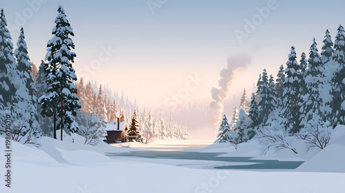 Snowy winter landscape with cabin and frozen lake at sunrise