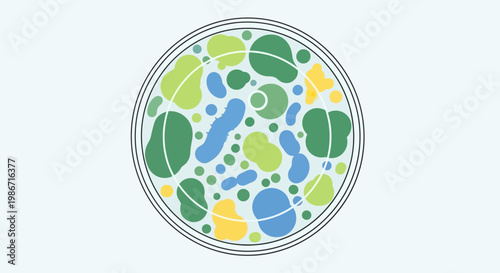 A colorful illustration of a petri dish with various shapes and sizes