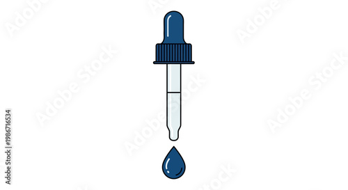 A dropper with a single blue liquid drop falling from its tip