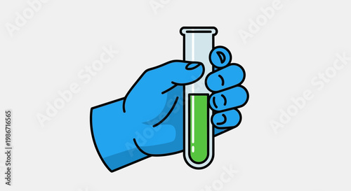 A hand in a blue glove holding a test tube with green liquid