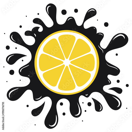 Vibrant yellow lemon fruit circle with abstract black liquid splash drops minimalist vector