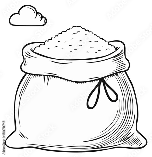 Line art drawing of a sack of granular material like salt or sugar with a cloud overhead
