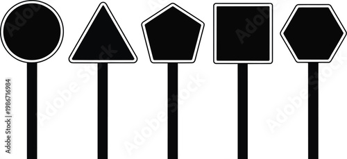 Fotografi Traffic sign silhouette set, minimalist black vector icons of road sign shapes mounted on poles for navigation signage and urban design use