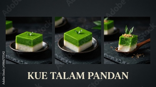 Delicious Kue Talam Pandan Dessert on Dark Background.