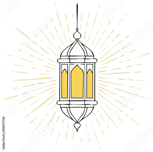 Hanging Ramadan Lantern Hand-Drawn with Decorative Radiating Rays of Light