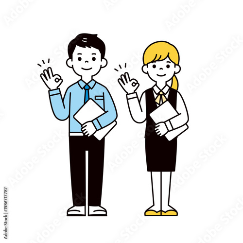PCを持ってOKのハンドサインをする、サラリーマンとOL・事務員の全身ベクターイラストセット