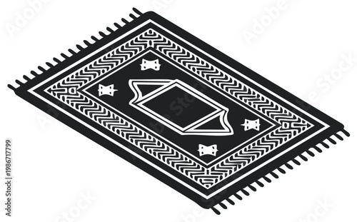 Islamic prayer rug with traditional geometric pattern and tassels isolated in black and white