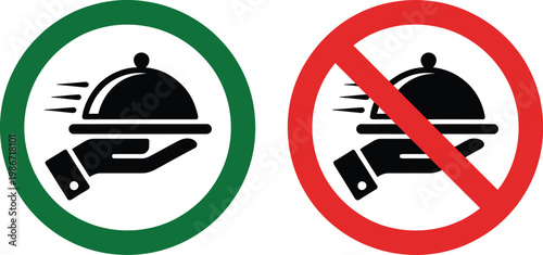 Food service allowed and prohibited icon set, hand tray symbols collection for restaurant policy catering rules delivery permission and hospitality regulation design.