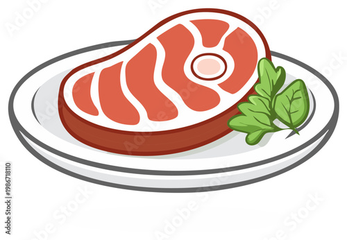 Cartoon Steak and Greenery on a White Plate, Culinary Illustration