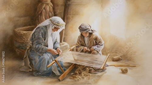 Ancient textile tradition serene women weaving cloth warm light rustic interior illustration peaceful artistry