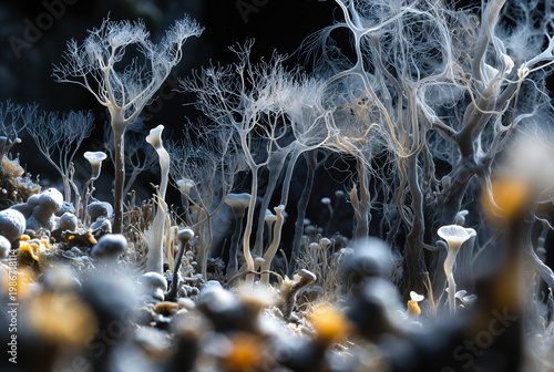 Generated artificial illustration of fungi in microscopic perspective.