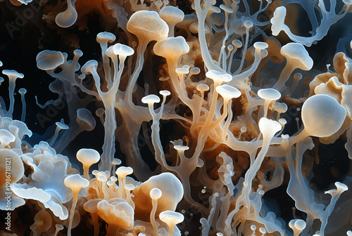 Generated artificial illustration of fungi in microscopic perspective.