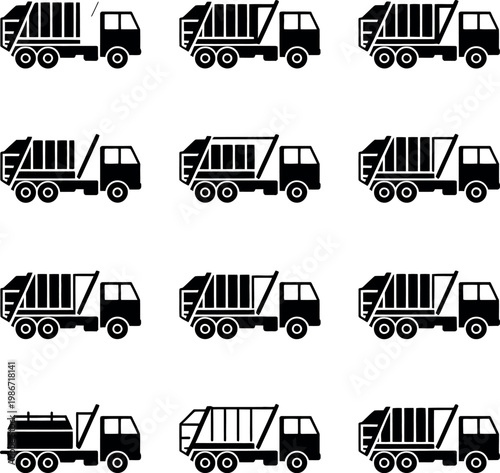 Garbage truck silhouettes showing waste collection vehicles side view orientations for sanitation transport design isolated on clean background