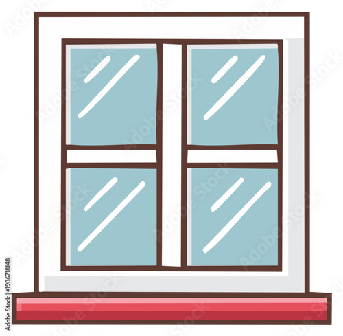 Cartoon window with four blue transparent panes and a red window sill