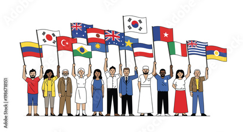 Diverse group of people holding flags from around the world celebrating unity and international diversity in a colorful illustration