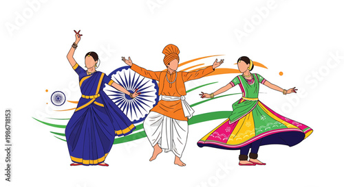 Vibrant indian dancers performing traditional folk dance with colorful costumes and wheel prop on white background