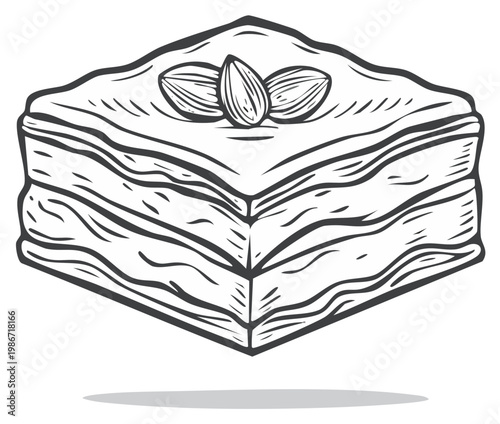 Hand-drawn line art baklava pastry topped with almonds and layered with delicate pastry sheets
