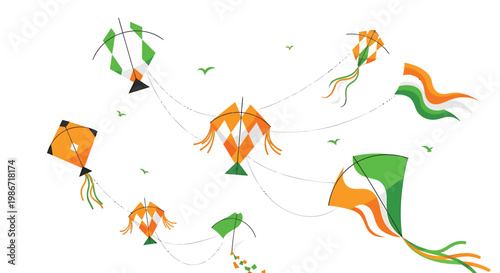 Vibrant orange green kites flying high in sky with strings and tails waving freely outdoors