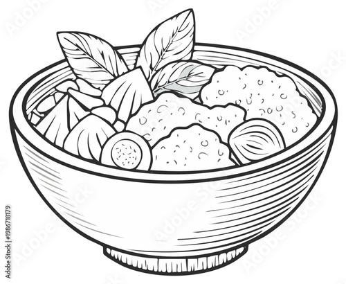 Bowl of food with basil leaves, eggs, and round savory dumplings line art illustration.