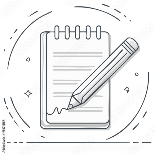 Handwritten sketch of a pencil writing on a lined notepad with decorative elements