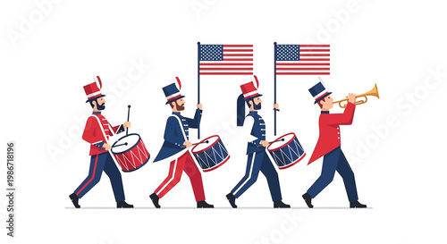American marching band performing with flags and musical instruments on white background