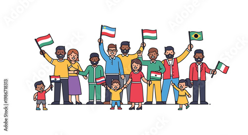 Diverse group of people holding flags of hungary and brazil celebrating cultural diversity and international friendship with kids and adults together