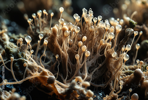 Generated artificial illustration of fungi in microscopic perspective.
