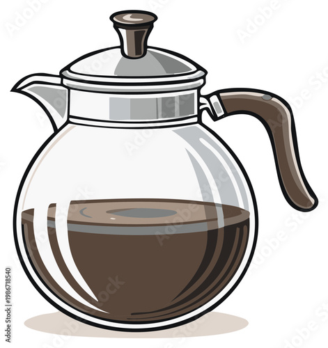 Cartoon illustration of a glass coffee pot filled with brown coffee on a white background. Isolated.
