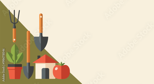 A flat vector illustration features various gardening tools, a potted plant, a small house, and a ripe tomato against a split background.