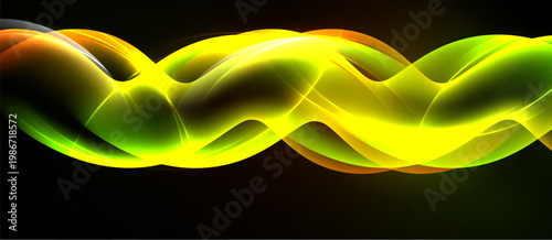Bright wavy lines form abstract pattern. Colors blend, creating dynamic visual effect against dark background. Smooth curves suggest movement.