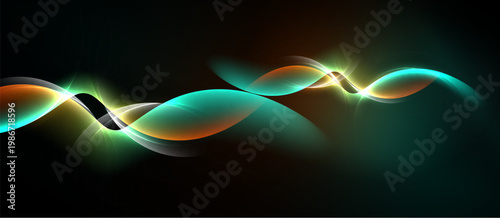 Abstract waves, teal, orange hues blend. Dynamic light creates flowing, modern visual impact. Dark background emphasizes curves.
