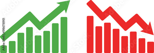 Growth trend bar chart, illustration, vector graph with rising and falling bars representing profit loss comparison financial analysis and data visualization.