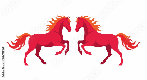 A vibrant vector illustration celebrates the Chinese New Year 2026, depicting two facing fire horses with fiery manes against a clean white background, symbolizing the Year of the Fire