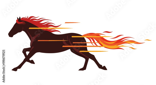 A stylized vector illustration depicts a running brown horse with a fiery red mane and tail, symbolizing the Chinese New Year of the Fire Horse 2026 against a white background, embodying