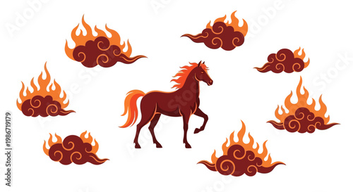 A vector illustration design celebrates Chinese New Year 2026, depicting the Year of the Fire Horse with a prancing horse surrounded by stylized flames and clouds against a clean white