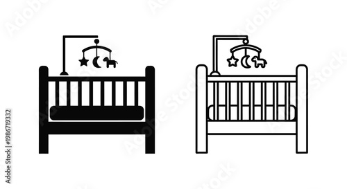 Two black and white depictions of baby cribs with mobile decorations above